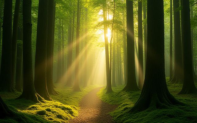 豊かな緑の苔に覆われた日本の森、日の光が差し込む
