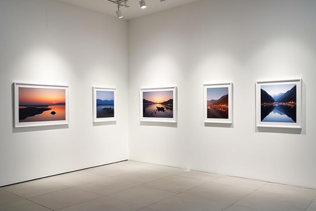 現代的なアートギャラリーでキュレーションされた風景写真の展示会