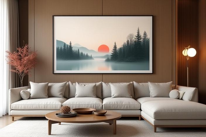現代的なリビングルームに飾られた日本の風景ファインアートプリント